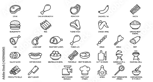 Foto Set of 30 Meat Outline Icons Editable Stroke Linear Butcher Barbecue Poultry Ste