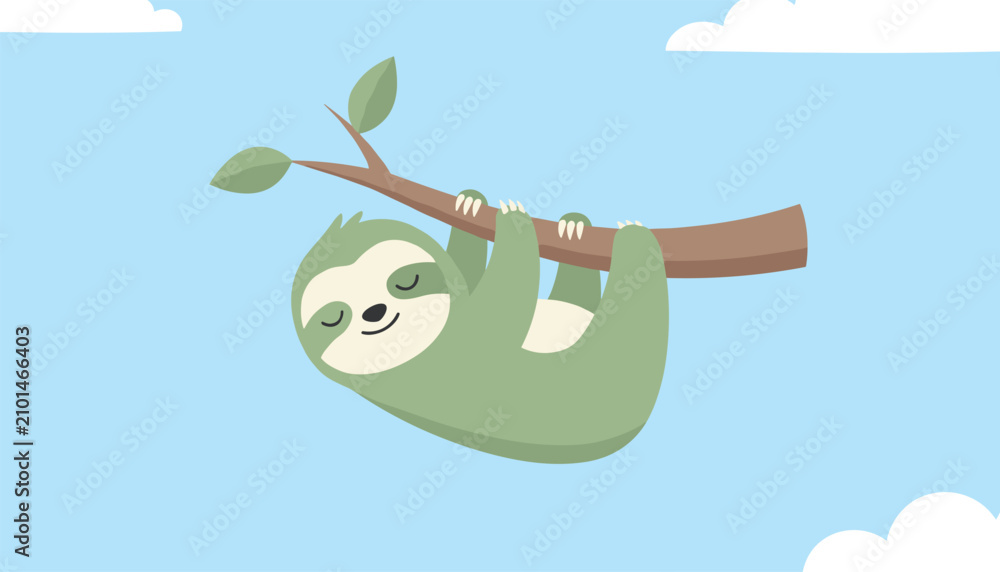 Fototapeta premium Cute green sloth hanging peacefully from a thin tree branch against bright blue sky with light white clouds.