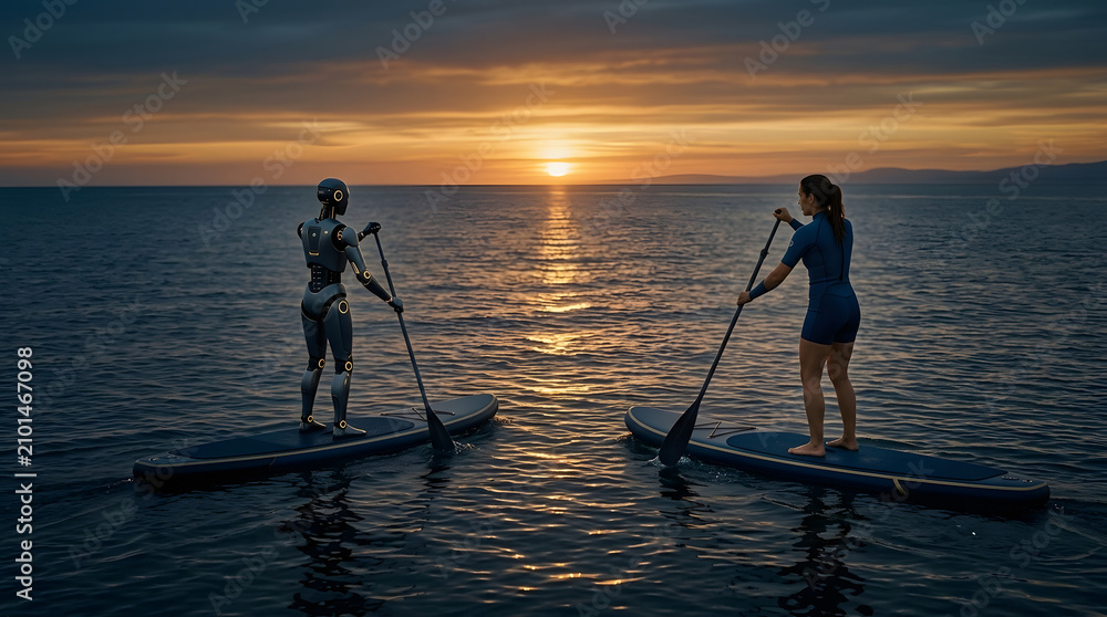 Fototapeta premium Summer paddleboarding with robot powered by artificial intelligence
