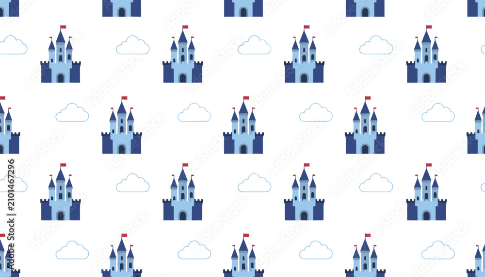 Naklejka premium Cute seamless wallpaper pattern showing blue castles with red flags and white outline clouds over a solid background.