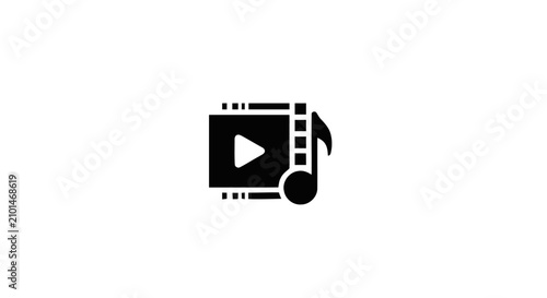 Minimalist Multimedia Icon Featuring a Cinematic Film Strip Play Button Integrated with a Musical Note Symbol for Digital Media Production
