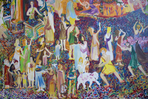 Tableau sur toile Genre painting religious crowd grandparents, family, kids in pagan temple with offerings