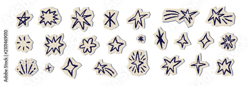 Irregular shapes cut out of craft colored paper stars shape. . Cut color explosion shapes with torn edge in scrapbook style