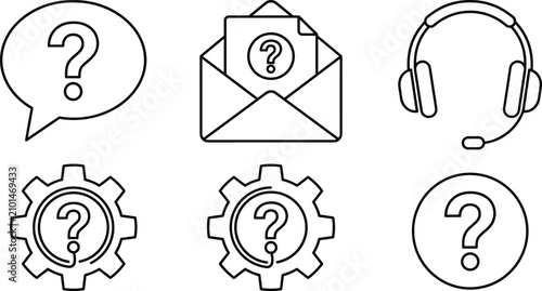 Fotografía Technical Support and Frequently Asked Questions Line Icon Set Featuring Headset