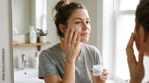 Woman applying moisturiser on face