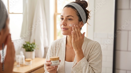 Woman applying moisturiser on face