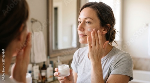 Woman applying moisturiser on face