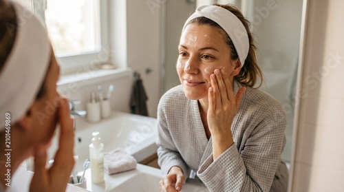 Woman applying moisturiser on face