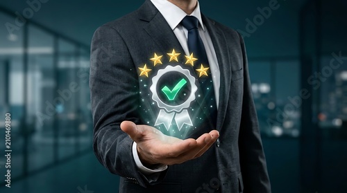 Quality Management System Illustration Featuring Certified Business Excellence Badge and Customer Satisfaction Assurance Strategy
