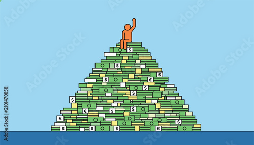 Wealthy figure sitting successfully at the top of a massive pyramid of money bills representing financial power.