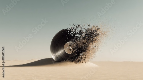 Abstract Black Ring Disintegrating into Dust Across Desert Under Blue Sky