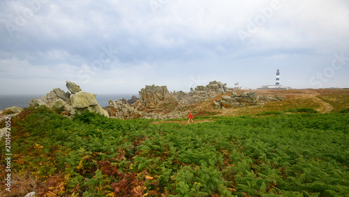 Fotografía panorama du sentier gr 34 passant au milieu des fougeres sur  l'ile d'ouessant en Bretagne, à la pointe du Creac'h avec un randonneur