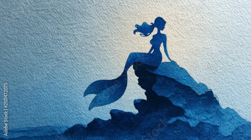 Fantasy Mermaid Sitting on Coastal Cliff in Artistic Blue Watercolor Style