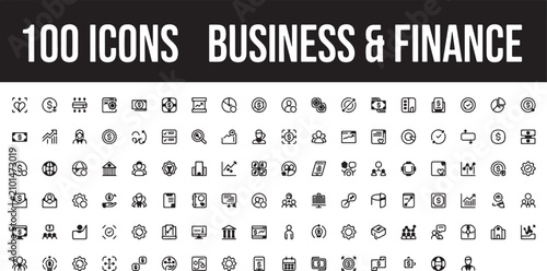 Comprehensive Set of One Hundred Professional Business and Finance Outline Icons for Corporate Projects and Financial Data Analysis Web Design