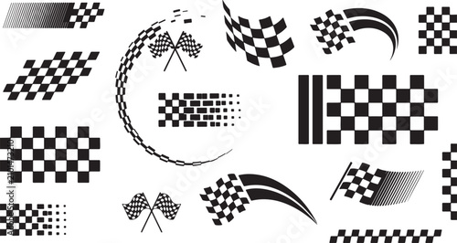 A dynamic collection of diverse checkered racing flag patterns and graphic elements, ideal for sports, competition, and speed-themed designs, showcasing motion and finish line concepts