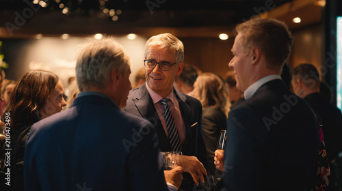 Ultra realistic post-event executive networking reception, senior leaders and employees having professional conversations in a luxury corporate lounge, blank event signage in the background