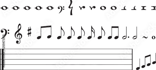 Collection of black musical notation symbols and elements, including treble clef, notes, rests, and stave lines isolated on white background