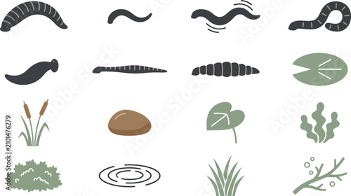 Flat vector icon set of aquatic worms leeches and pond life elements for biology education and nature design