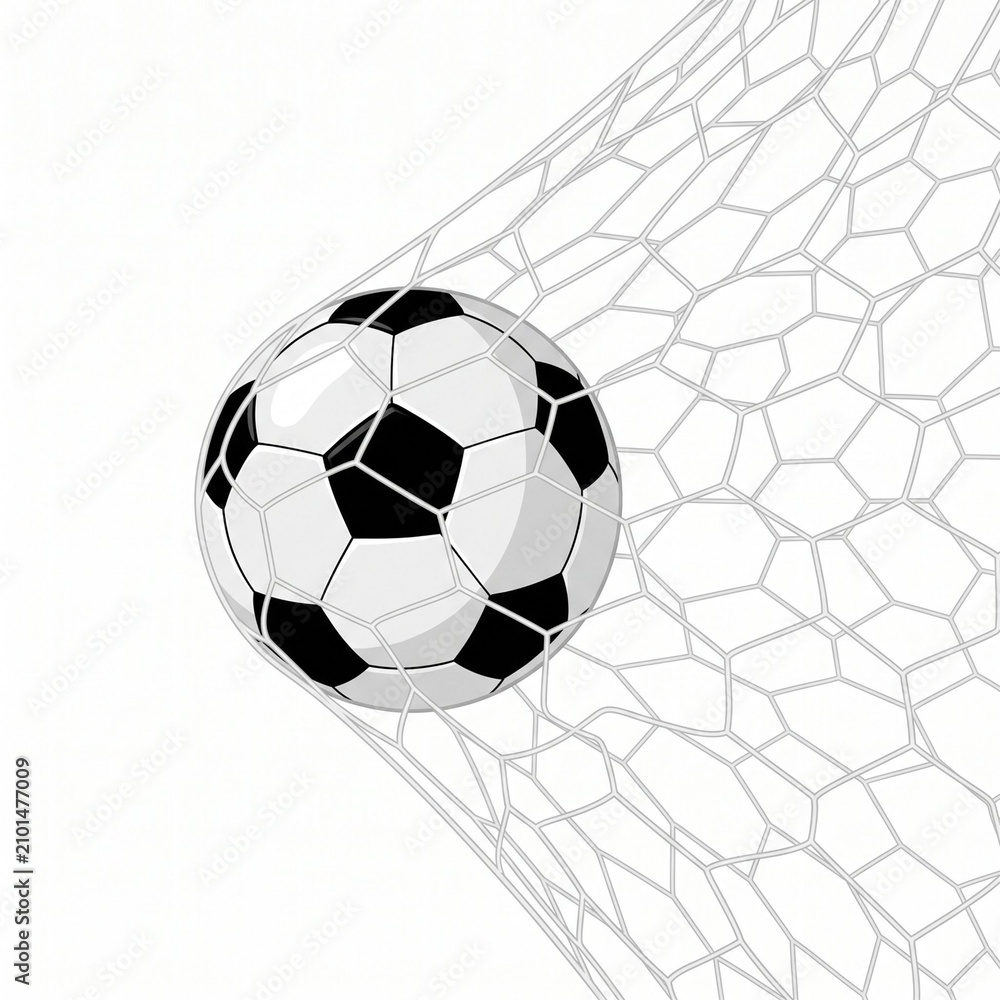 Fototapeta premium Soccer ball hitting goal net, isolated on white background, representing a scored goal, victory, or success in a sports game or competition.