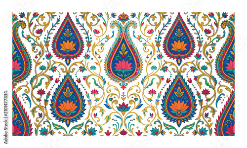 Traditional colorful paisley floral seamless pattern background with beautiful lotus flowers, ornate Indian motifs, and elegant vintage textile design.