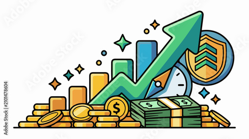 Colorful cartoon illustration of financial growth with coins cash and charts