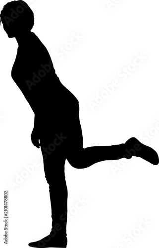Black silhouette of a woman standing on one leg with the other leg raised backward, isolated on a white background, graceful balancing pose