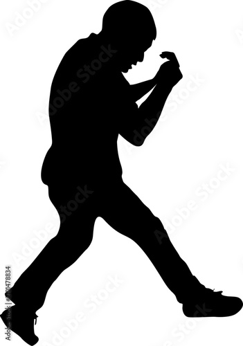 Black silhouette of a standing or walking man isolated on white background.