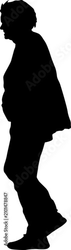 Black silhouette of a standing or walking woman isolated on white background.