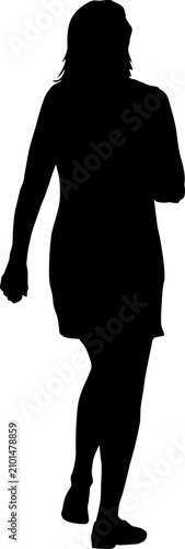 Black silhouette of a standing or walking woman isolated on white background.
