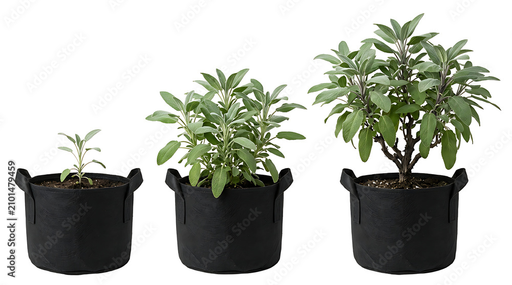 Fototapeta premium Three stages of sage plant growth in black fabric pots, from seedling to mature herb.
