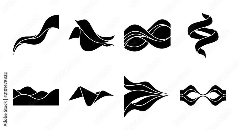 Obraz premium Abstract Black Ribbon Swirls, Flowing Waves, and Geometric Shapes Vector Set