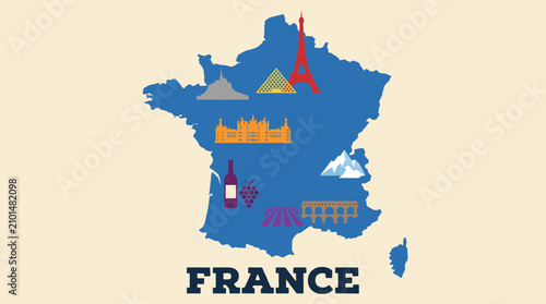 France Map with Landmark Icons Illustration