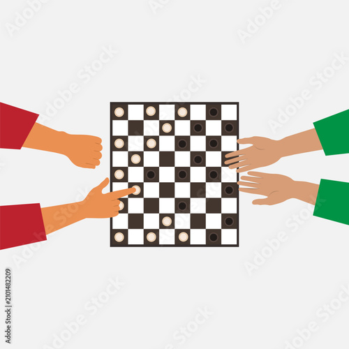 Top view of two people playing checkers. Board educational games.
