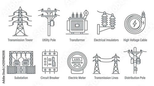 Foto Power grid infrastructure and electrical utility icons in minimalist line art ve