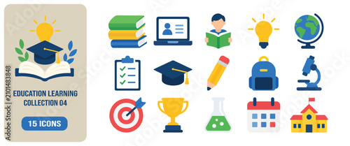 Education Learning Icon Set with Colorful School, Science and Study Symbols