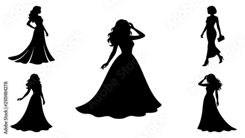 Tableau sur toile Women in elegant evening gowns are depicted as graceful black silhouettes to convey fashion and sophistication