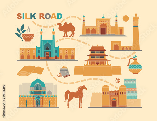 Flat vector illustration featuring iconic Silk Road architecture, cultural symbols and travel elements across Asia. Perfect for educational materials, tourism projects, maps, historical infographics, 