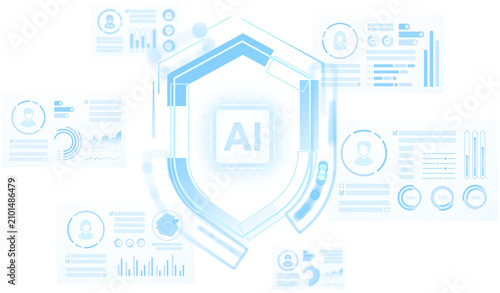 фотографія AI shield interface illustration with soft hud graphics on white background, con