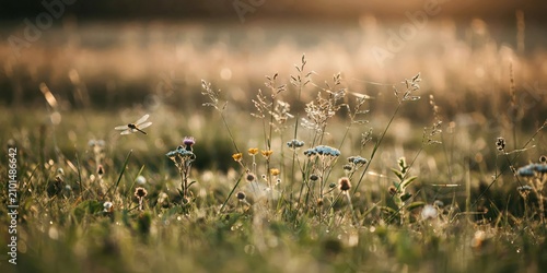 Dragonfly flies over beautiful meadow flowers in sunny golden light peaceful natural landscape scene with wild floral field.