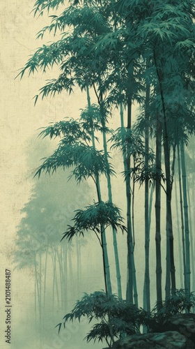 Misty Bamboo Forest in Traditional Japanese Ink Painting Style Landscape