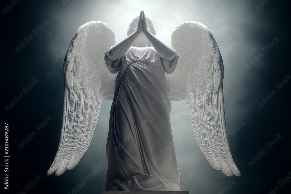 Fototapeta premium A marble angel statue stands with hands clasped in prayer beneath a moody sky. Spiritual guardian of faith, devotion, hope, protection, memorial, serenity and religious art. Funeral, burial.