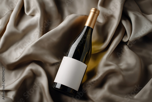 White wine bottle on rumpled golden silk in a studio still-life with a blank label for mockup. Luxury bottle on textured fabric for celebration shots. Celebration, wedding, New Year, Christmas.