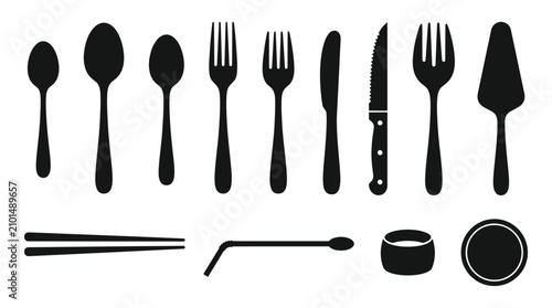 Foto Collection of various kitchen utensils and flatware silhouettes on white background