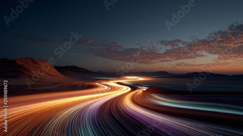 Abstract Glowing Light Trails Winding Through Desert Landscape at Twilight
