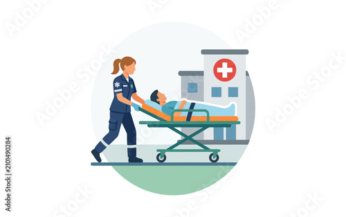Paramedic Pushing Patient on Gurney Vector Illustration