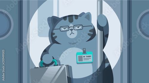 Photos Grumpy Tabby Cat Wearing Glasses and ID Badge, Holding Suitcase on Public Transp