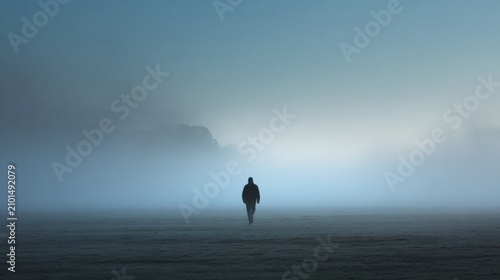 Solitary Figure Walking Through Dense Foggy Landscape At Dawn