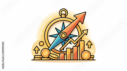 Compass and growth chart with rising arrows and coins