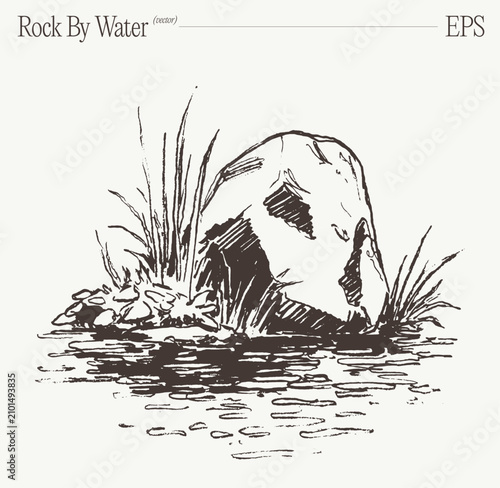 Rock By Water With Tall Grass And Reeds, Hand Drawn Sketch Illustration