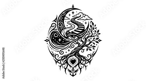 Mystical Crescent Moon, Tree of Life, Eye, and Stairway to Stars